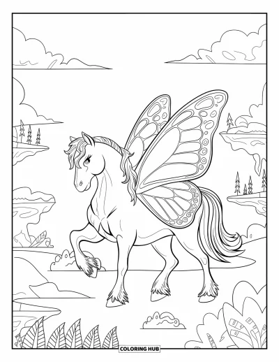 Coloriage de cheval pour adultes : Un cheval ailé se tient parmi des îles flottantes et des nuages
