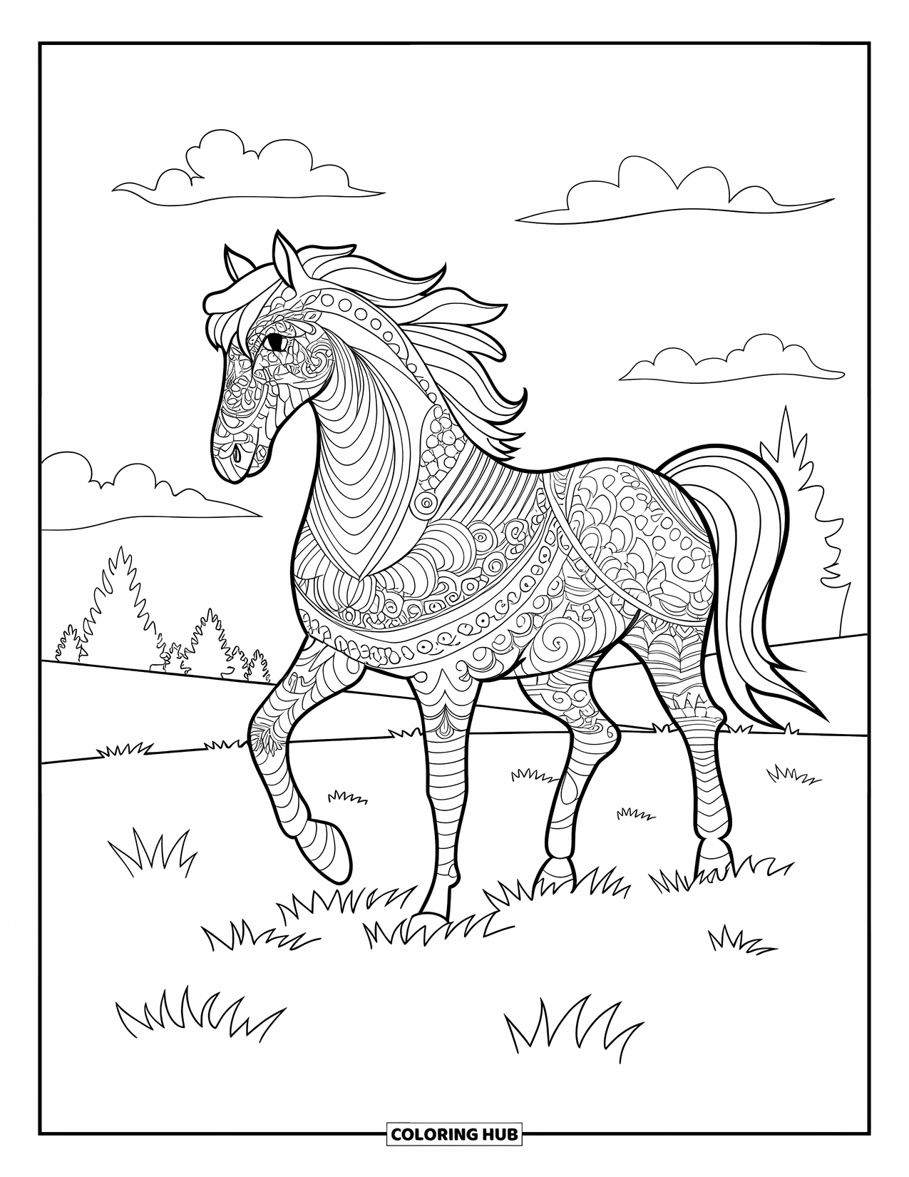 Paardenkleurplaat voor volwassenen: Een paard met Zentangle-patronen staat op gras met bomen en wolken erachter