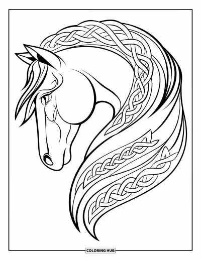 Coloriage de cheval pour adultes : Une tête de cheval porte une crinière en entrelacs celtiques sur fond blanc