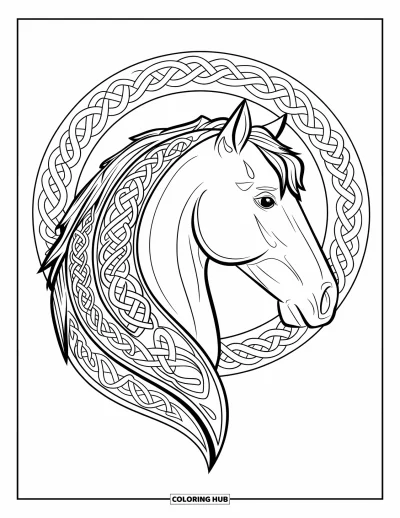 Coloriage de cheval pour adultes : Une tête de cheval avec une crinière en nœuds celtiques est tournée vers la droite sur un fond à motifs
