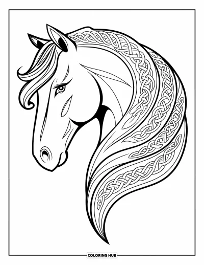 Coloriage de cheval pour adultes : Une tête de cheval avec une crinière en nœuds celtiques se détache sur un fond blanc