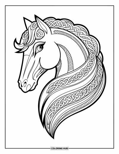 Coloriage de cheval pour adultes : Une tête de cheval avec une crinière en entrelacs présente des cercles et des spirales complexes
