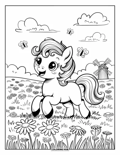 Coloriage de cheval pour adultes : Un poney joyeux aux boucles rebondies gambade dans un champ de marguerites et de papillons