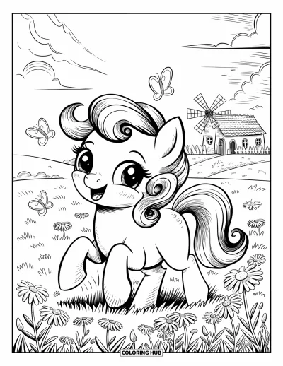 Coloriage de cheval pour adultes : Un poney joyeux aux boucles folâtre parmi des marguerites, avec des papillons et un moulin à vent
