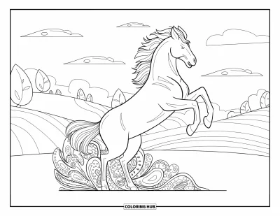 Coloriage de cheval pour adultes : Un mustang à la queue cachemire tourbillonnante se cabre dans un champ