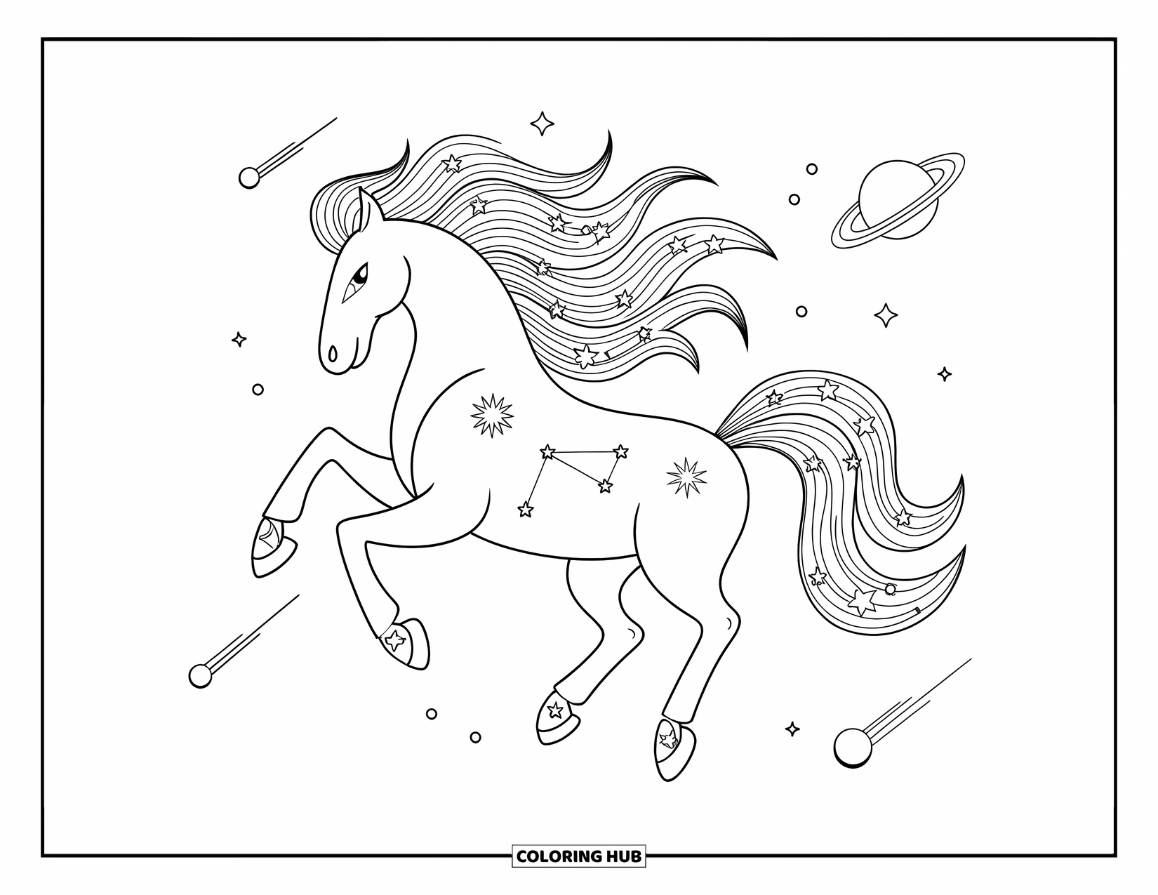 Paardenkleurplaat voor volwassenen: Een mystiek paard met een sterrenmanen zweeft in een kosmische scène met planeten