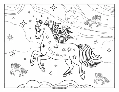 Coloriage de cheval pour adultes : Un cheval mystique avec des étoiles tourbillonnantes dans la crinière flotte dans une galaxie
