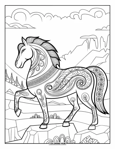 Coloriage de cheval pour adultes : Un cheval mythique aux motifs grecs se tient sur un terrain rocheux sous un ciel nuageux