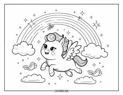 Coloriage de cheval pour adultes : Un pégase avec un nœud sur la queue vole sous un arc-en-ciel entouré d'étoiles