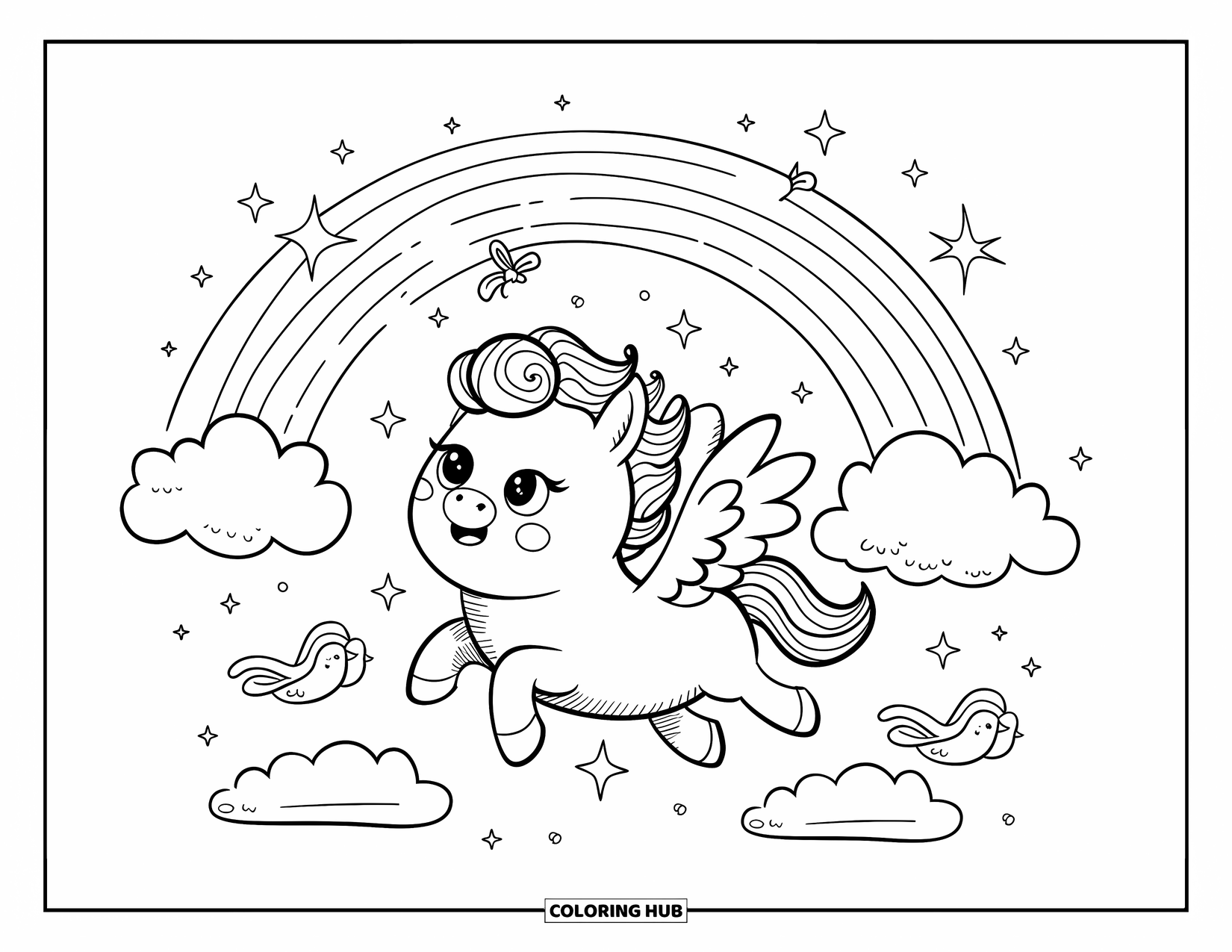 Paarden Kleurplaat voor Volwassenen: Een pegasus met een strik op zijn staart zweeft onder een regenboog met sterren eromheen