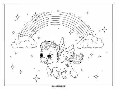 Coloriage de cheval pour adultes : Un pégase aux ailes courtes vole dans le ciel avec des étoiles et des oiseaux