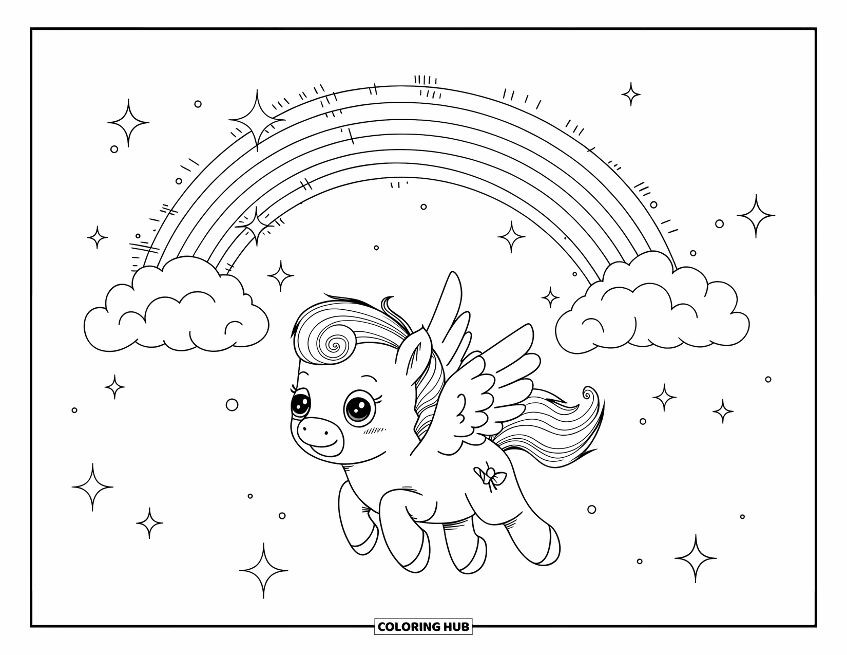 Paarden Kleurplaat voor Volwassenen: Een pegasus met korte vleugels vliegt door de lucht met sterren en vogels
