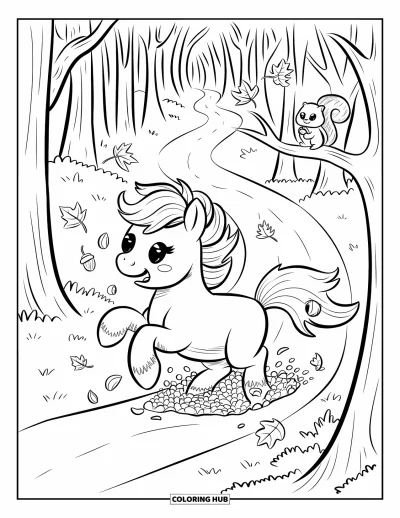 Coloriage de cheval pour adultes : Un poney joueur essaie d'attraper des feuilles qui tombent dans une forêt d'automne