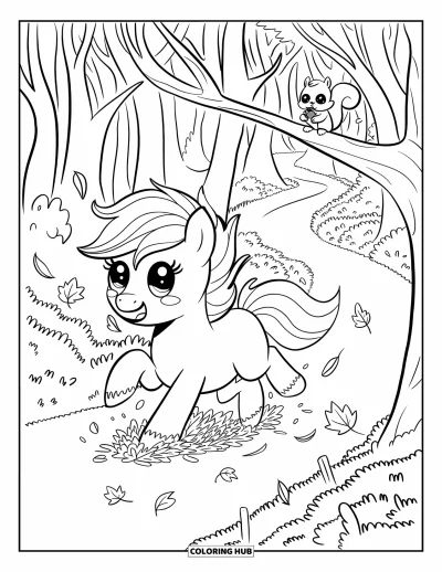 Coloriage de cheval pour adultes : Un poney attrape des feuilles qui tombent dans une forêt d'automne pendant qu'un écureuil l'observe
