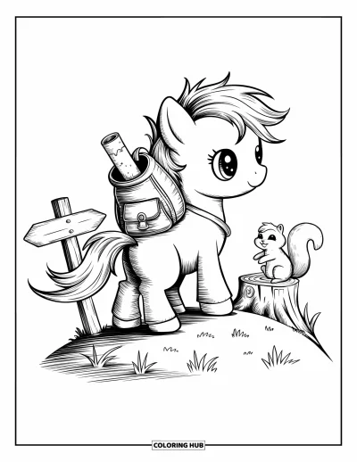 Coloriage de cheval pour adultes : Un poney explorateur se tient sur une colline avec une carte et un ami écureuil