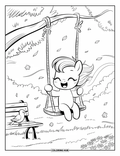 Coloriage de cheval pour adultes : Un poney glousse sur une balançoire en corde, entouré de feuilles et de pétales