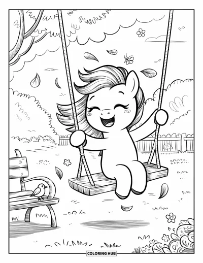 Coloriage de cheval pour adultes : Un poney rit sur une balançoire avec des feuilles flottantes et un oiseau à proximité