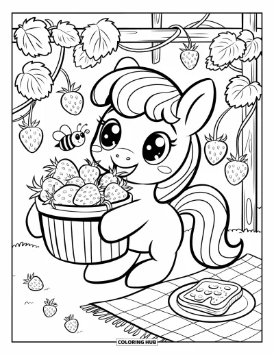 Coloriage de cheval pour adultes : Un poney tient un panier de fraises tandis qu'une abeille bourdonne et que des lianes s'enroulent