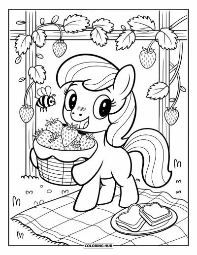Coloriage de cheval pour adultes : Un poney tient un panier de fraises avec des lianes et une couverture de pique-nique à côté