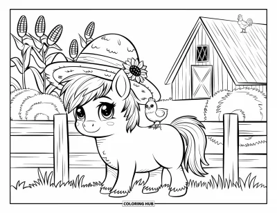 Coloriage de cheval pour adultes : Un poney avec un chapeau de paille se tient près d'une grange avec des tiges de maïs