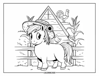 Coloriage de cheval pour adultes : Un poney avec un chapeau de tournesol se tient près d'une clôture avec un poussin sur son dos
