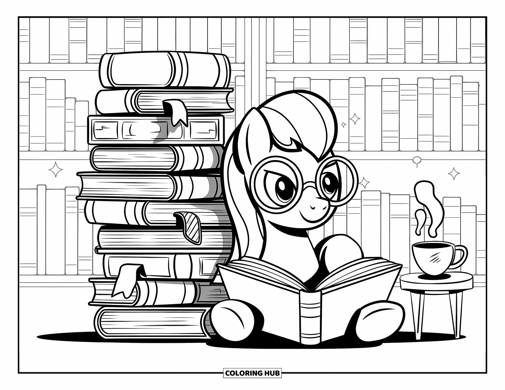 Paarden Kleurplaat voor Volwassenen: Een pony met een bril leest een boek met een theekopje in de buurt en planken vol boeken