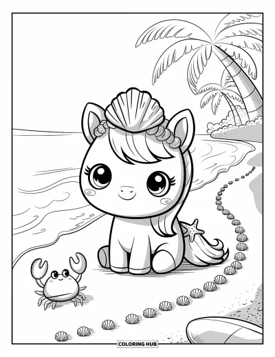 Coloriage de cheval pour adultes : Un poney sur la plage porte une couronne de coquillages et observe un crabe près d'un seau de sable