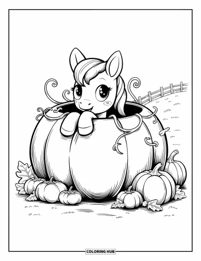 Coloriage de cheval pour adultes : Un poney passe la tête hors d'une citrouille entourée de lianes et de citrouilles souriantes
