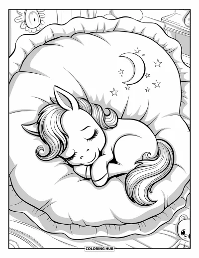 Coloriage de cheval pour adultes : Un poney dort sur un coussin moelleux avec un ourson à côté