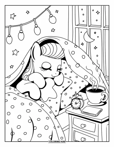 Coloriage de cheval pour adultes : Un poney se blottit sous une couverture avec un cacao, une horloge et un livre d'histoires à proximité