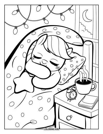Coloriage de cheval pour adultes : Un poney se blottit avec un coussin étoilé sous des guirlandes lumineuses et un croissant de lune
