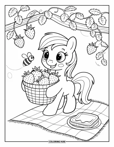 Coloriage de cheval pour adultes : Un poney peine à tenir un panier de fraises tandis qu'une abeille plane à proximité