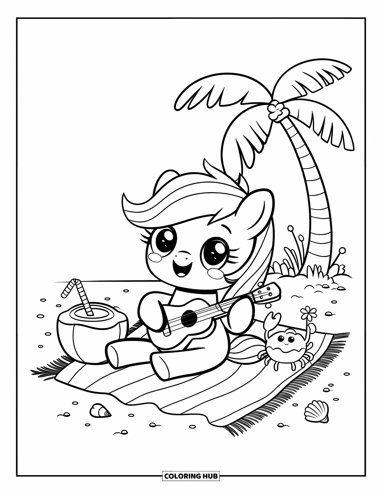 Paarden Kleurplaat voor Volwassenen: Een pony tokkelt op een kleine ukelele op een strandlaken naast een kokosdrankje en een krab
