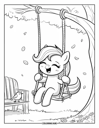 Coloriage de cheval pour adultes : Un poney se balance joyeusement sur une balançoire en corde, avec des feuilles et des pétales qui flottent