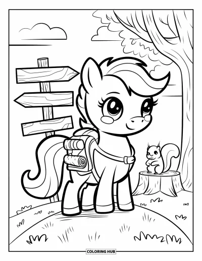 Coloriage de cheval pour adultes : Un poney avec un sac à dos et une carte se tient sur une colline avec un écureuil à côté