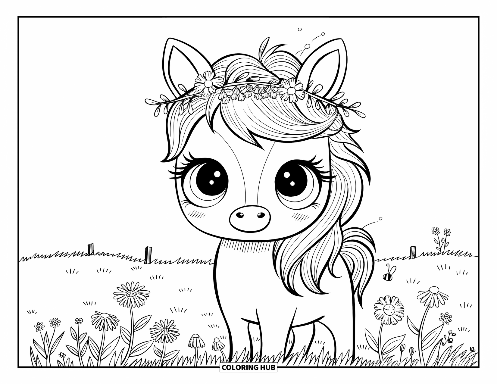 Paarden Kleurplaat voor Volwassenen: Een pony met een bloemenkroon staat tussen wilde bloemen, vlinders en een houten hek