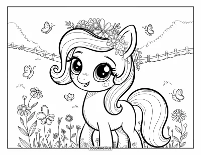 Coloriage de cheval pour adultes : Un poney avec une couronne florale se tient dans une prairie avec des papillons et des fleurs sauvages