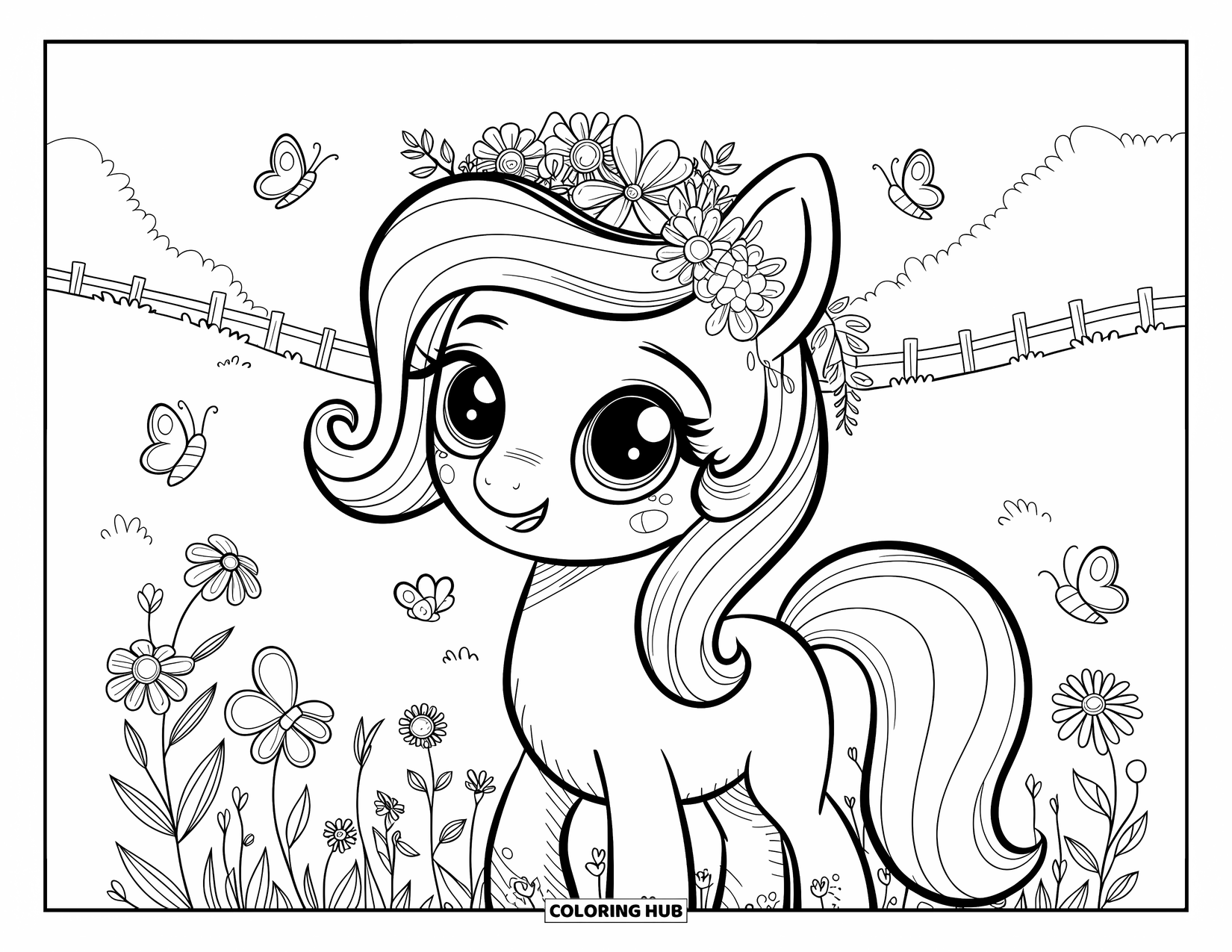 Paarden Kleurplaat voor Volwassenen: Een pony met een bloemenkroon staat in een weide met vlinders en wilde bloemen