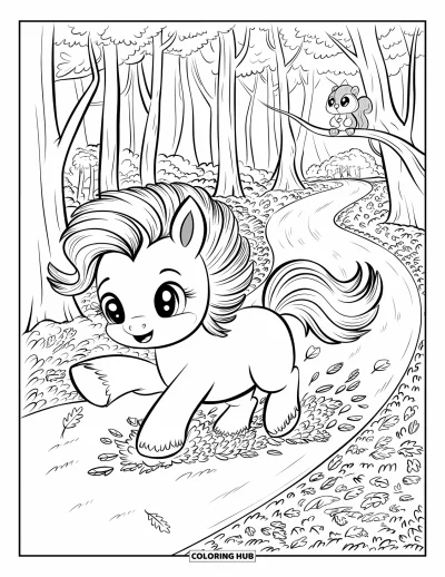 Coloriage de cheval pour adultes : Un poney à la crinière duveteuse poursuit des feuilles dans une forêt d'automne avec un écureuil