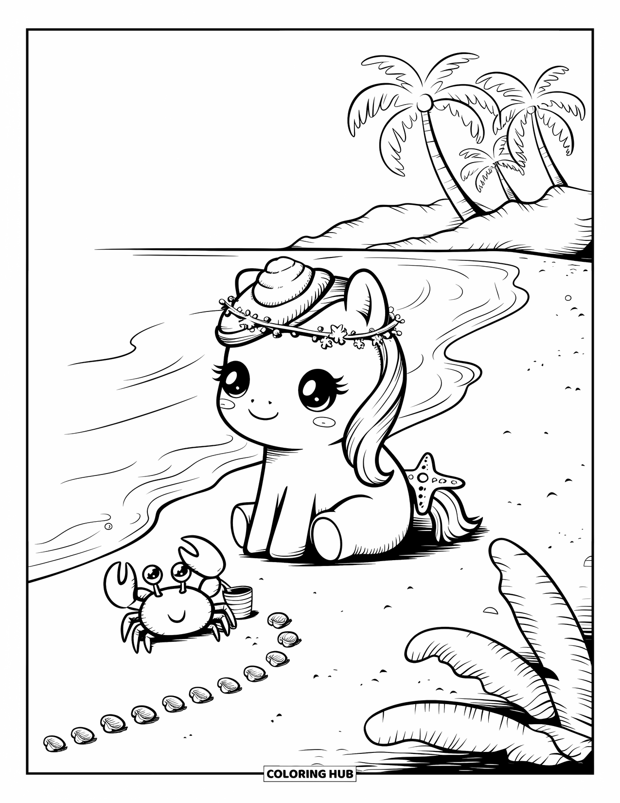 Paarden Kleurplaat voor Volwassenen: Een pony met een schelpenkroon en een zeesterstaart geniet van het strand