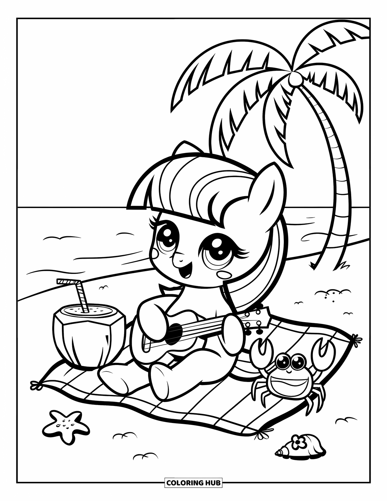 Paarden Kleurplaat voor Volwassenen: Een pony met een ukelele zit op het strand en geniet van een kokosdrankje en een dansende krab