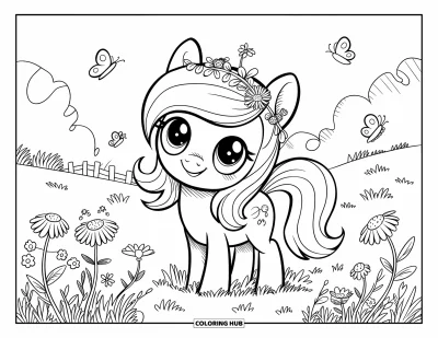 Coloriage de cheval pour adultes : Un poney aux grands yeux et à la couronne florale se tient parmi des fleurs sauvages et des papillons