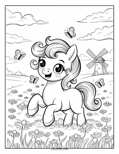 Coloriage de cheval pour adultes : Un poney aux boucles rebondies court joyeusement parmi des marguerites et des papillons