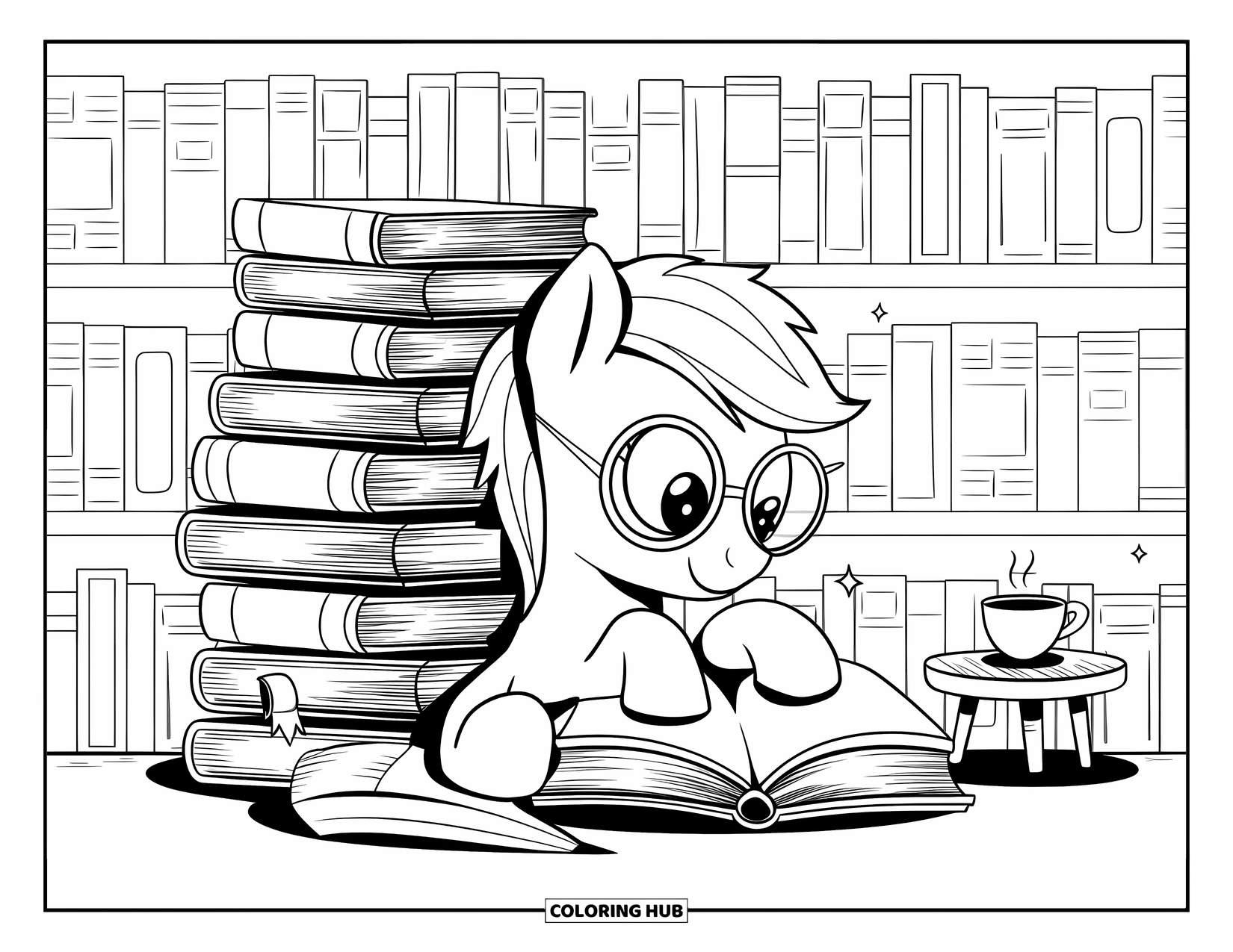 Paarden Kleurplaat voor Volwassenen: Een pony met een bril leest een boek naast een stapel boeken en een theekopje
