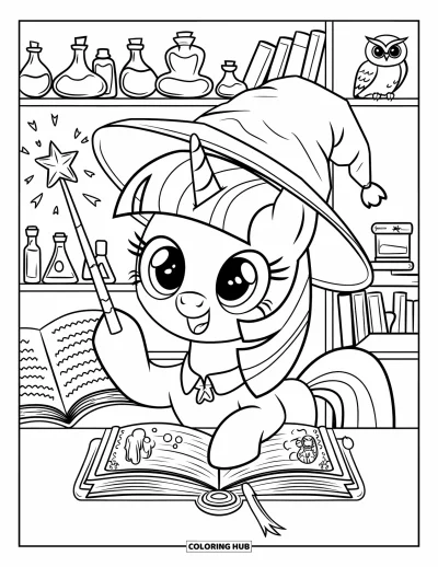 Coloriage de cheval pour adultes : Un poney magicien agite une baguette étoilée, avec des étincelles et des livres autour