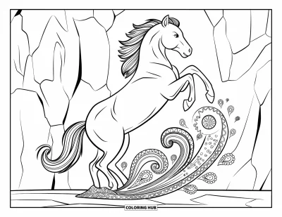 Coloriage de cheval pour adultes : Un mustang cabré avec une queue cachemire se tient parmi les rochers