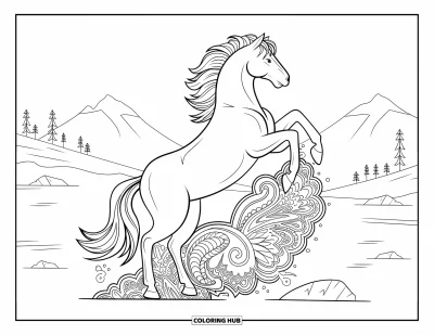 Coloriage de cheval pour adultes : Un mustang cabré à la queue cachemire se tient sur un terrain rocheux