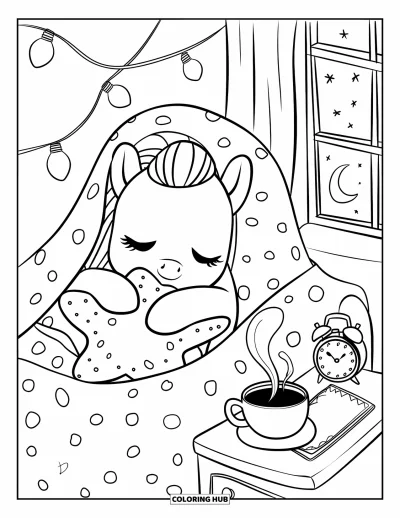 Coloriage de cheval pour adultes : Un poney somnolent câline un coussin étoilé avec un cacao et un livre d'histoires à proximité