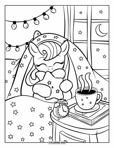 Coloriage de cheval pour adultes : Un poney somnolent serre un coussin étoilé sous une couverture à pois