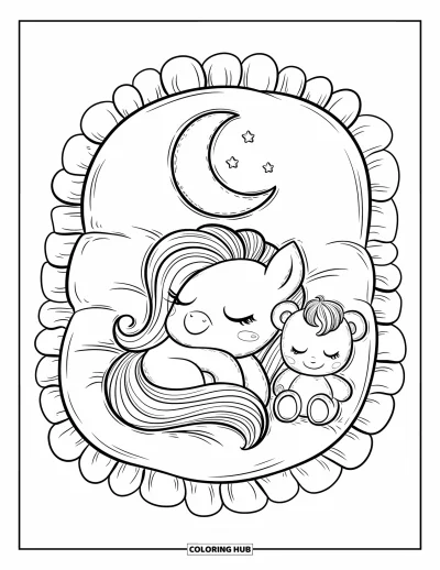 Coloriage de cheval pour adultes : Un poney endormi se repose sur un coussin avec un ourson et de doux volants